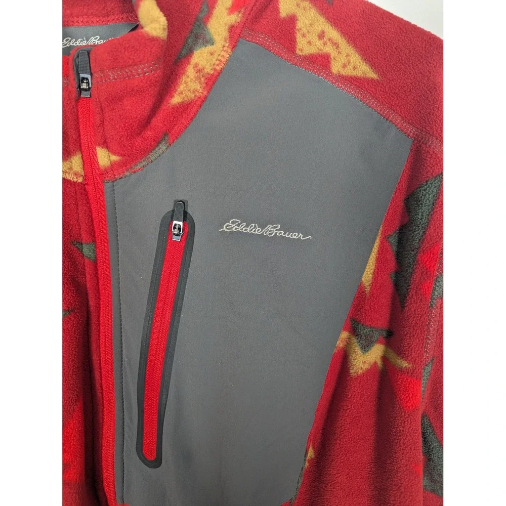 Eddie Bauer First Ascent Mens XL Red Geometric Mountain Print Fleece Quarter Zip